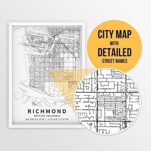Afdrukbare kaart van Richmond, British Columbia, Canada met straatnamen - Instant Download \ Stadsplan \ Reiscadeau \ Stadsposter \ Wegenkaart