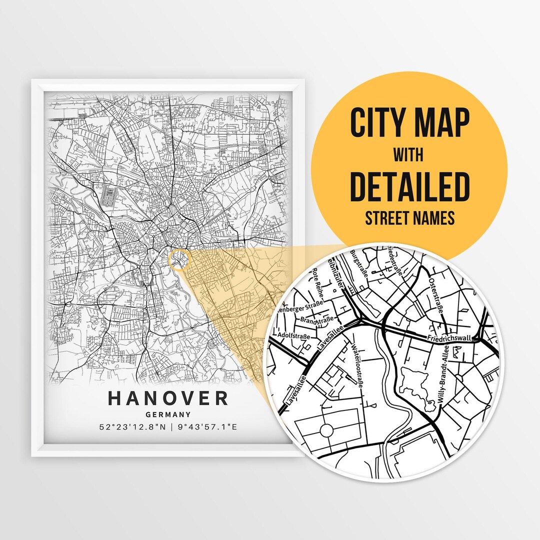 Printable Map of Hanover, Germany With Street Names - Instant Download ...
