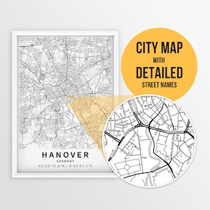 Druckbare Karte von Hannover, Deutschland mit Straßennamen - Sofort Download ~ Karte ~ Karte ~ Reise Geschenk ~ Poster ~ Strassen Karte Print ~ Wand Kunst