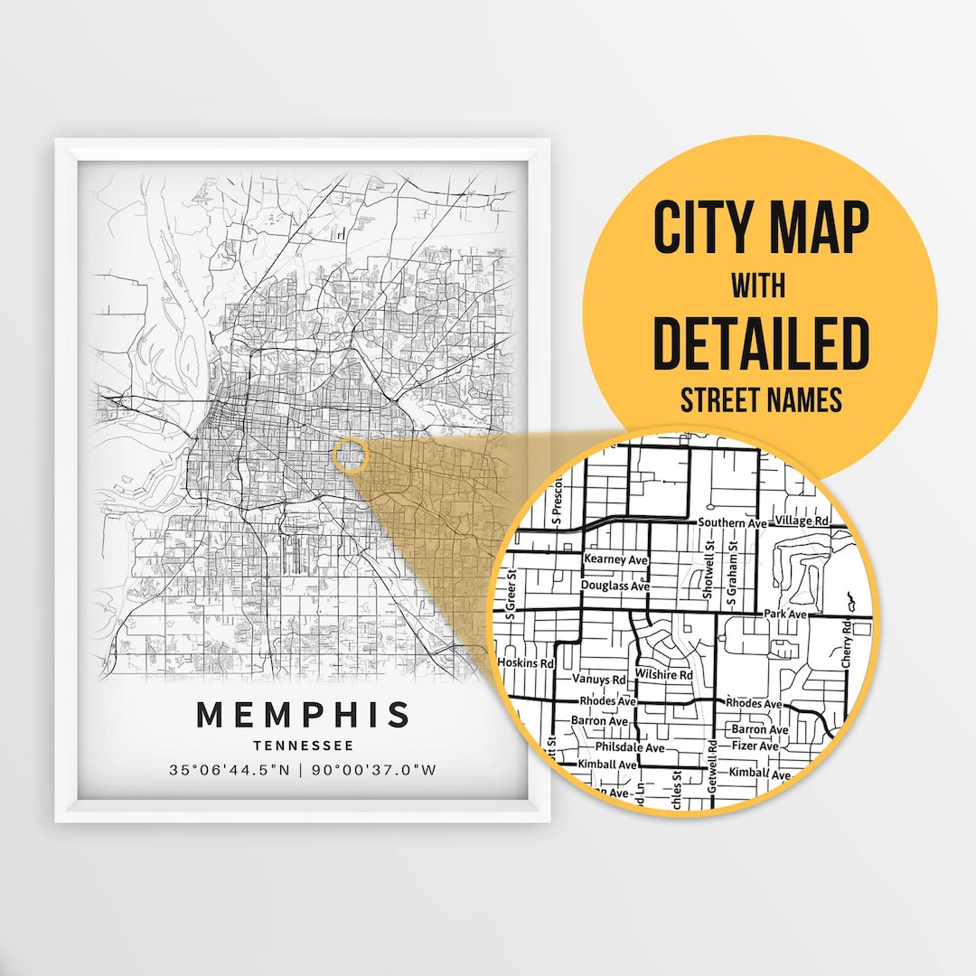 Printable Map of Memphis, Tennessee, USA With Street Names Instant
