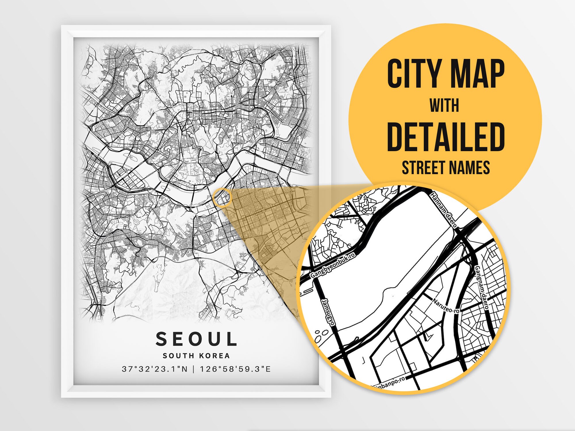 Printable Map of Seoul South Korea 서울 With Street Names - Etsy