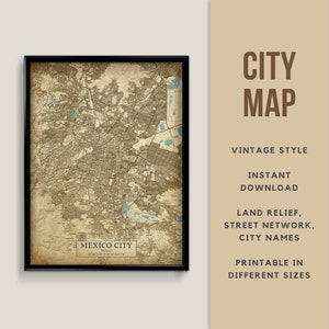 Mapa em estilo vintage para impressão da Cidade do México, México - download instantâneo \ Mapa de ruas \ Arte de parede \ Cartaz de mapa \ Estilo antigo \ Presente do México