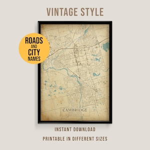 Cambridge, Canada Vintage Style Map, Printable Ontario City Poster (Instant Download)