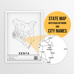 Mapa do Quênia para impressão com nomes de cidades e estradas - Download instantâneo \ Mapa do país \ Impressão de mapa \ Mapa de alfinetes \ Planejador de viagens \ Arte de parede