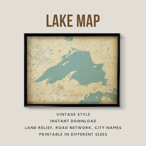 Vintage Style Map of Lake Superior, Canada - United States with City poster - Instant Download \ Street Map \ Wall Art \ Printable Poster