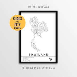 Póster de mapa de Tailandia, mapa de carreteras de Siam para imprimir con nombres de ciudades (descarga instantánea)