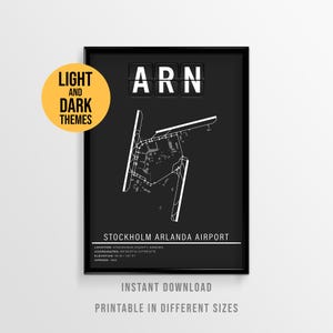 May include: Black framed print featuring the Stockholm Arlanda Airport map with the airport code ARN in white. The print includes the airport's location, coordinates, elevation, and opening year. A yellow circle with the text "LIGHT AND DARK THEMES" is in the upper left corner.