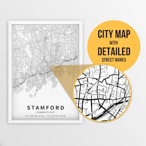 Druckbare Karte von Stamford, USA mit Straßennamen - Sofort Download \ City Map \ Travel Gift \ City Poster \ Road Map Print