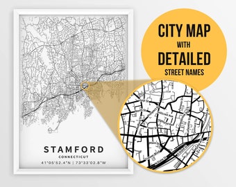 May include: A black and white city map of Stamford, Connecticut showing detailed street names. The map depicts the city's layout with roads, streets, and landmarks. The map is framed in a white frame.