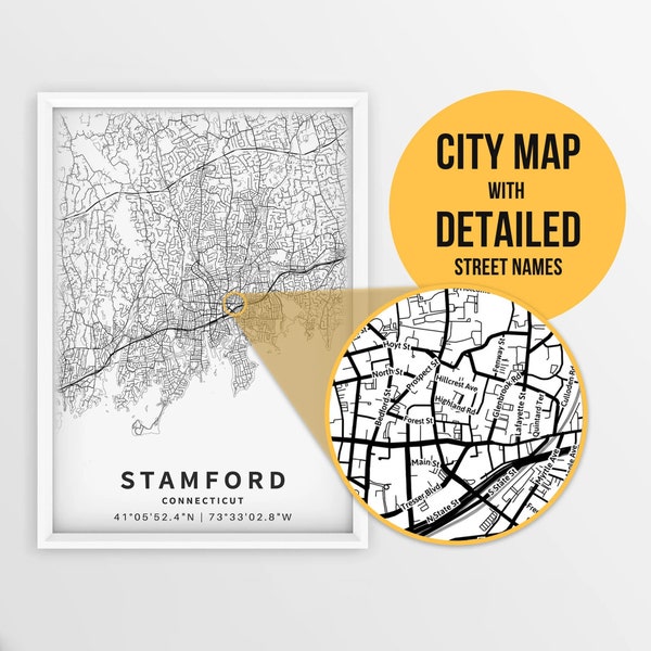 Druckbare Karte von Stamford, USA mit Straßennamen - Sofort Download \ City Map \ Travel Gift \ City Poster \ Road Map Print