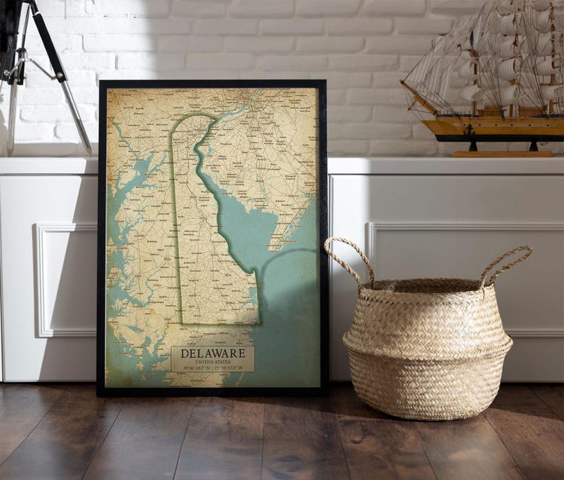 Delaware Names Delaware Vintage Style Map With Roads and City Names, Printable ...