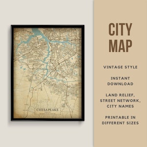 Mappa stampabile in stile vintage di Chesapeake, Virginia, Stati Uniti - Download istantaneo \ Mappa stradale \ Arte della parete \ Poster della mappa \ Stile antico \ Stampa mappa