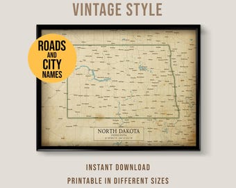 Karta över North Dakota i vintagestil med vägar och stadsnamn, utskrivbar affisch (nedladdningsbar direkt)