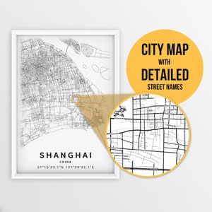 Shanghai, China Karte mit Strassennamen zum ausdrucken - sofortiger Download ~ Karte ~ Strassen Karte ~ Reise Geschenk ~ Poster ~ Strassen Karte