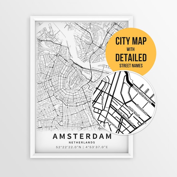 Amsterdam Downtown Map Poster, Printable Netherlands Road Map With