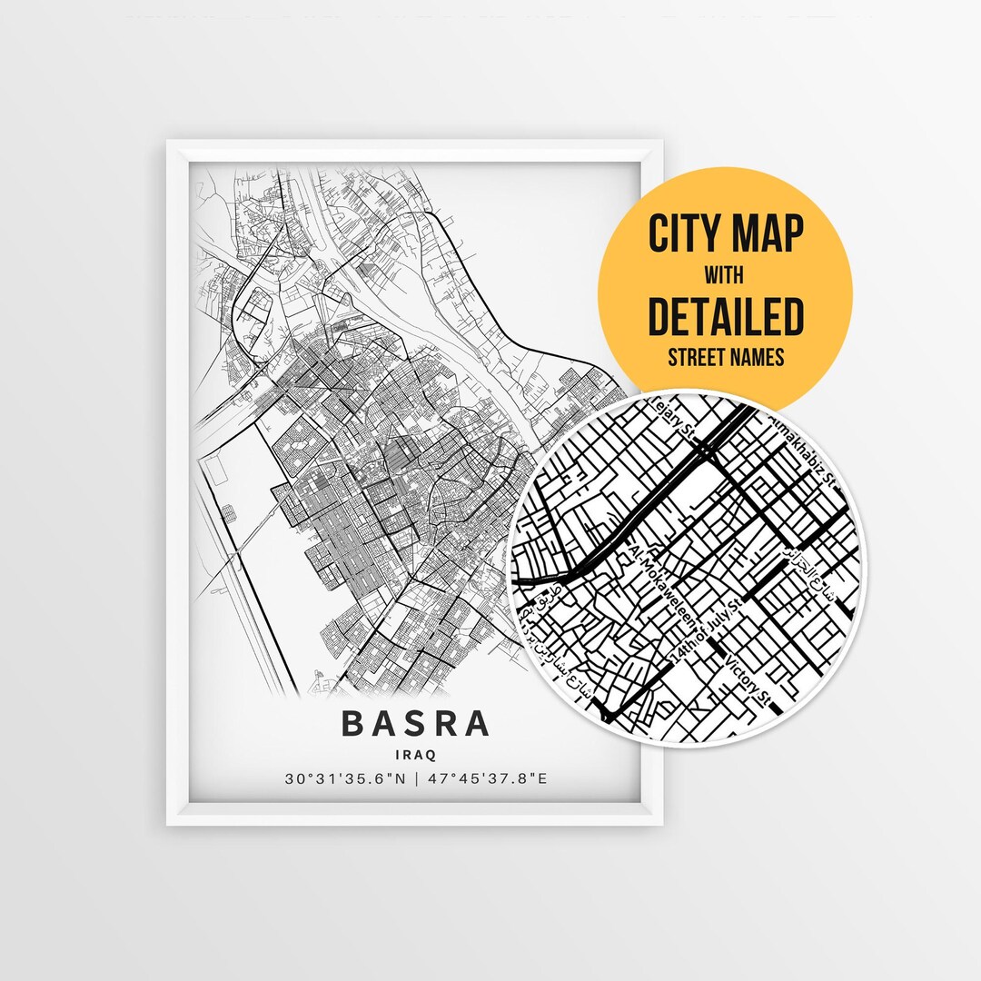 Basra Iraq Map With Street Names, Printable Basra City Poster (instant ...