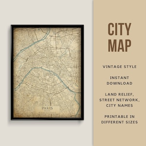 Mapa de estilo vintage para impressão de Paris, França - download instantâneo \ Mapa de ruas \ Arte de parede \ Cartaz de mapa \ Antiguidade \ Impressão de mapa \ Presente de Paris
