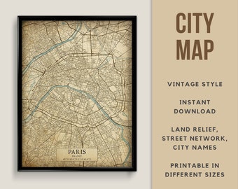 Printable Vintage Style Map of Paris, France - Instant Download \ Street Map \ Wall Art \ Map Poster \ Antique \ Map Print \ Paris Gift