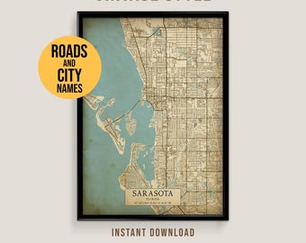 Sarasota, Florida Vintage Style Map, Printable Sarasota City Poster (Instant Download)