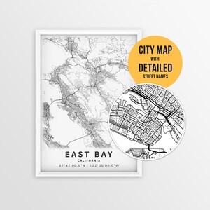 East Bay California Map with Street Names, Printable San Francisco Bay Poster (Instant Download)