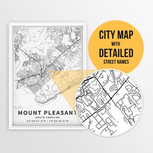 Mappa stampabile di Mount Pleasant, Carolina del Sud, USA con nomi delle strade - Download immediato \ Mappa della città \ Regalo di viaggio \ Stampa mappa stradale