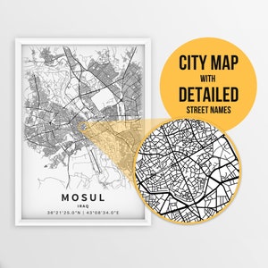 Druckbare Karte von Mossul, mit Straßennamen - sofortdownload ~ Karte ~ Strassen Karte ~ Strassen Karte ~ Reise Geschenk ~ Poster