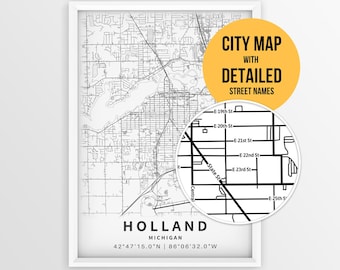Holland Michigan Map with Street Names, Printable Holland City Poster (Instant Download)