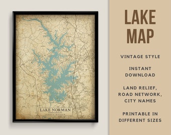 Vintage Style Map of Lake Norman, North Carolina, USA with City Names - Instant Download \ Lake Map \ Wall Art \ Printable Poster \ Rustic