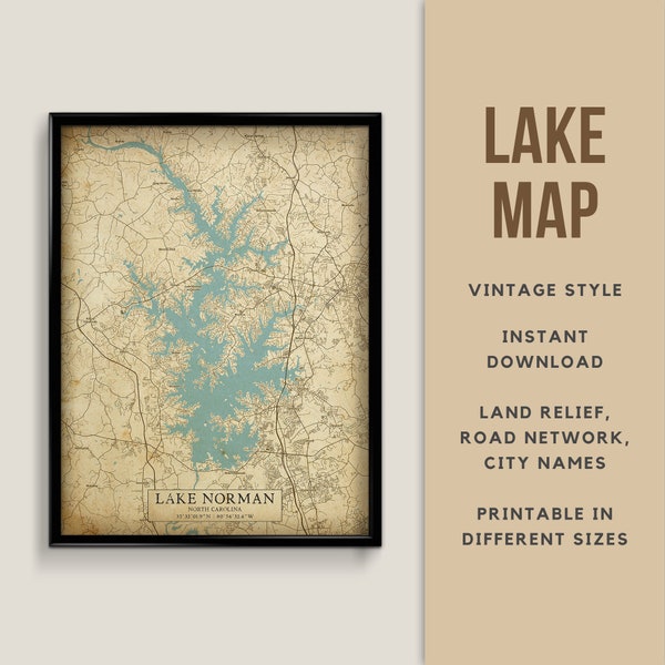 Vintage Style Map of Lake Norman, North Carolina, USA with City Names - Instant Download \ Lake Map \ Wall Art \ Printable Poster \ Rustic