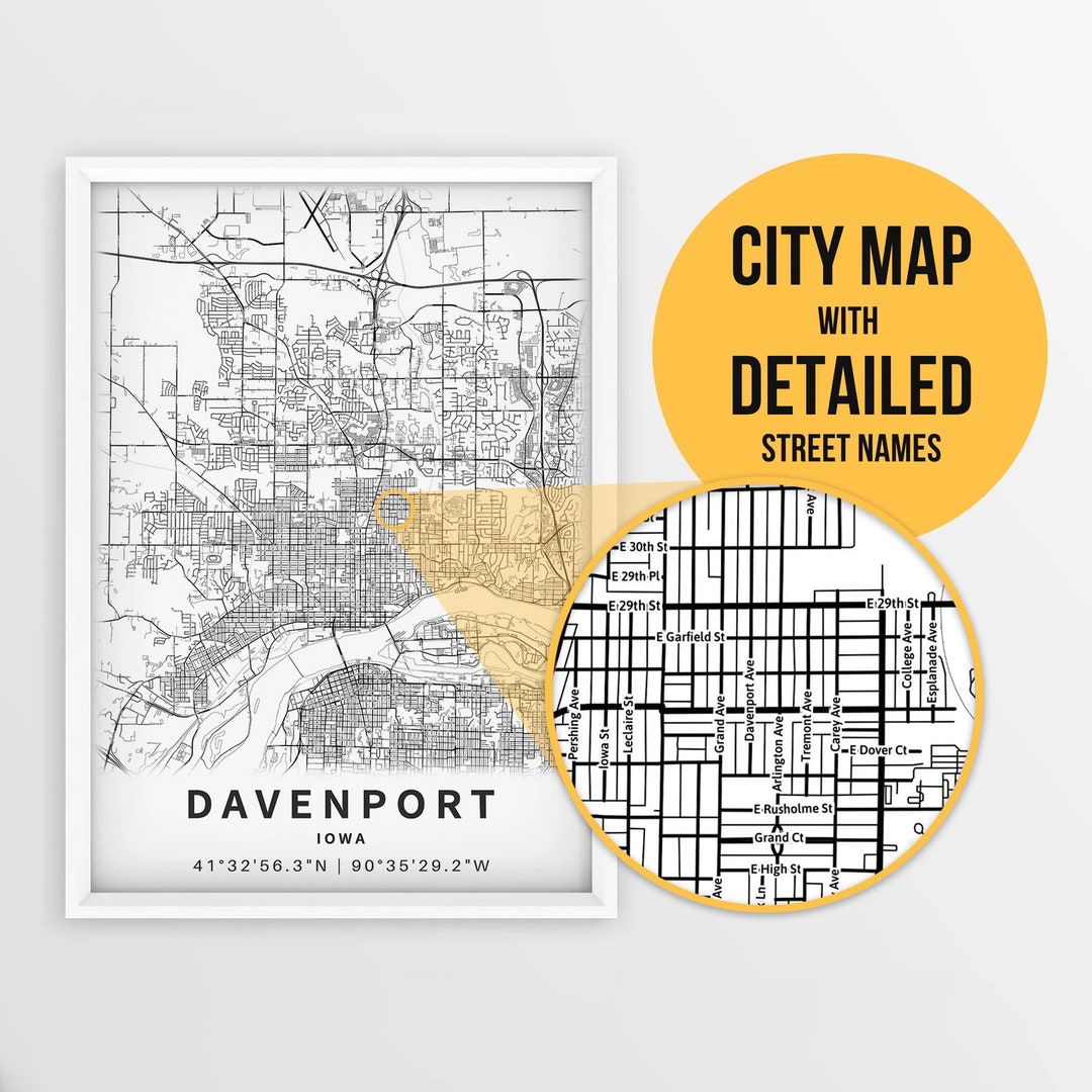 Printable Map of Davenport, Iowa With Street Names - Instant Download