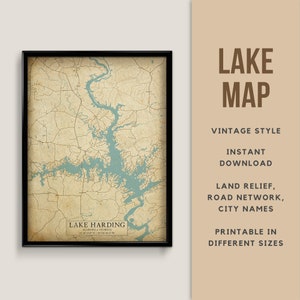 Mappa in stile vintage del lago Harding, Georgia - Alabama, Stati Uniti con nomi di città - Download istantaneo \ Mappa del lago \ Arte della parete \ Poster del lago \ Stampa mappa
