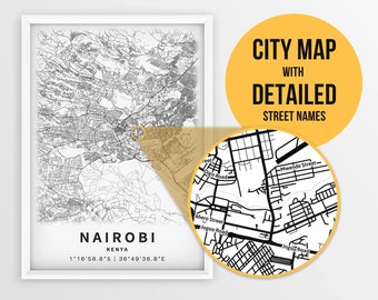 Printable Map of Nairobi, Kenya with Street Names - Instant Download \ City Map \ Travel Gift \ City Poster \ Road Map Print \ Street Map