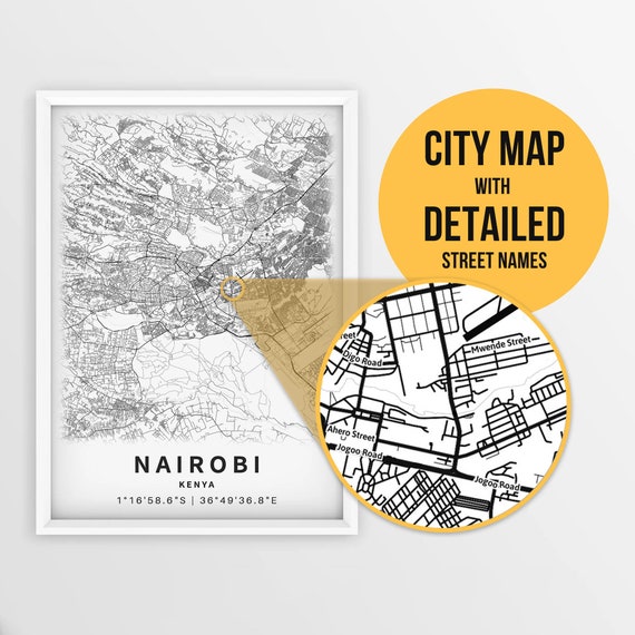 Printable Map of Nairobi, Kenya with Street Names - Instant Download \ City Map \ Travel Gift \ City Poster \ Road Map Print \ Street Map