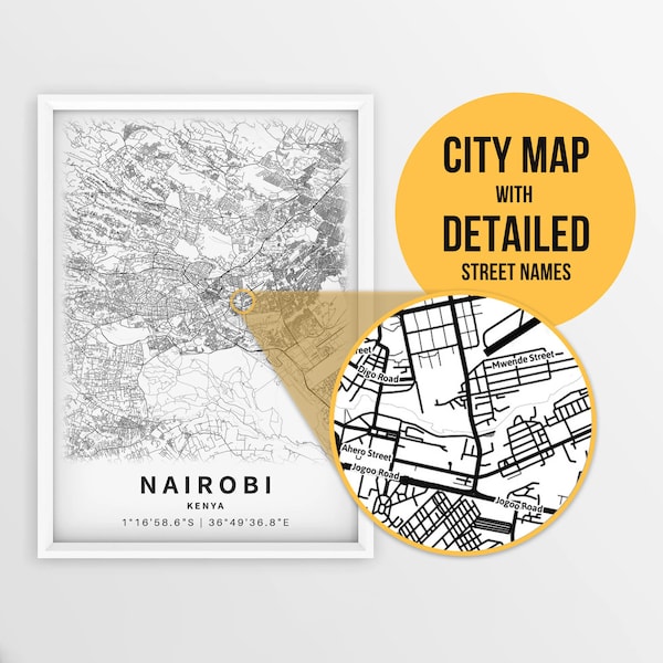Afdrukbare kaart van Nairobi, Kenia met straatnamen - Instant Download \ Stadsplattegrond \ Reiscadeau \ Stadsposter \ Wegenkaart afdrukken \ Stratenplan