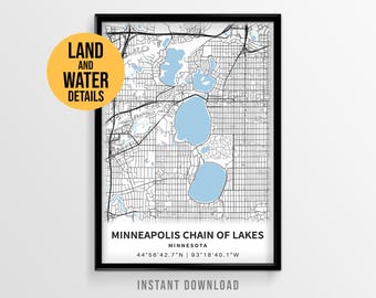 Minneapolis Chain of Lakes Map Poster, Bde Maka Ska, Lake Harriet (Instant Download)