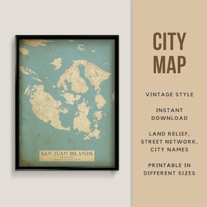 Mapa de estilo vintage imprimible de las islas San Juan, Washington, EE. UU., Descarga instantánea, Mapa de calles, Póster de mapa, Estilo antiguo, Impresión de mapa