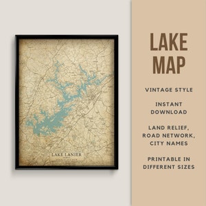 Vintage Stil Karte von Lake Lanier, Georgia, USA mit Städtenamen - Sofort Download \ Lake Lanier \ Wall Art \ Map print \ Printable Poster
