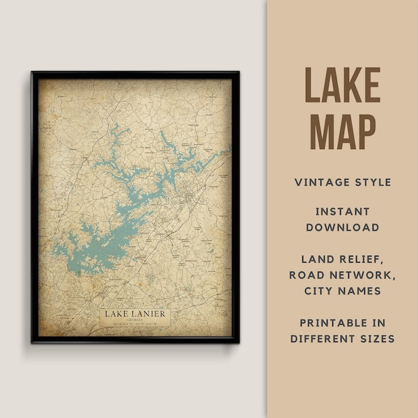 Vintage Style Map of Lake Lanier, Georgia, USA with City names - Instant Download \ Lake Map \ Wall Art \ Map print \ Printable Poster