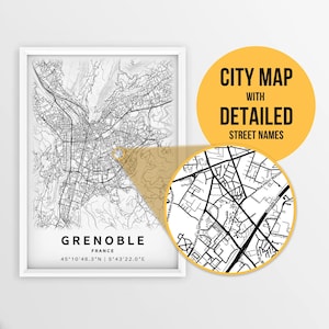 Druckbare Karte von Grenoble, Frankreich mit Straßennamen - Sofort Download \ City Map \ Travel Gift \ City Poster \ Road Map Print \ Wall Art