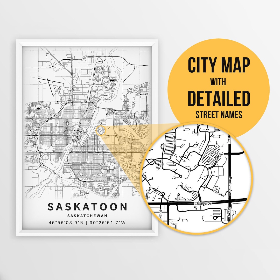 Printable Map of Saskatoon, Saskatchewan, Canada With Street Names