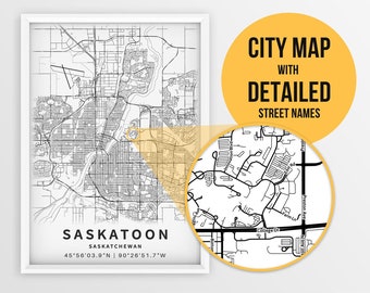Mapa imprimible de Saskatoon, Saskatchewan, Canadá con nombres de calles - Descarga instantánea \ Mapa de la ciudad \ Regalo de viaje \ Cartel de la ciudad \ Mapa de carreteras