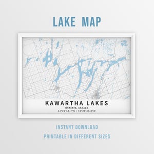 Mapa imprimible de Kawartha Lakes, Ontario, Canadá - Descarga instantánea \ Mapa de lagos \ Póster de mapas \ Decoración de casas de lagos \ Vida en el lago \ Pesca \ Navegación