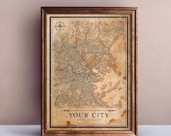 Mapa personalizado de estilo vintage de tu ciudad o cualquier pueblo (descarga digital).