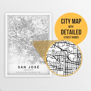 Mapa para impressão de San José, Costa Rica com nomes de ruas - Download instantâneo \ Mapa da cidade \ Presente de viagem \ Cartaz da cidade \ Impressão de mapa de estradas