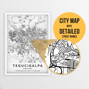 Afdrukbare kaart van Tegucigalpa, Honduras met straatnamen - Instant Download \ Stadsplattegrond \ Reiscadeau \ Stadsposter \ Routekaart afdrukken