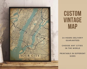 Custom Vintage style Map of Your City, Any Town - Digital Download \ City Map \ Wall Art \ Map Poster \ Printable Map