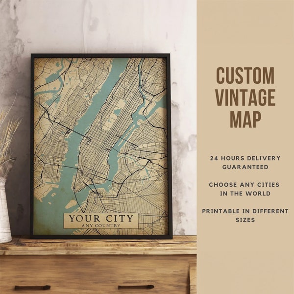 Custom Vintage style Map of Your City, Any Town - Digital Download \ City Map \ Wall Art \ Map Poster \ Printable Map