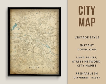 Printable Vintage Style Map of Berlin, Germany - Instant Download \ Street Map \ Map Poster \ Antique Style \ Map Print \ Germany Gift