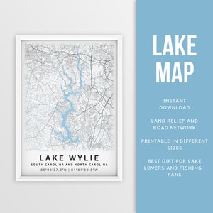 Mapa imprimible Lake Wylie, Carolina del Sur, EE. UU. - Descarga instantánea \ Mapa del lago \ Arte de la pared \ Cartel de pesca \ Decoración de la casa del lago \ LakeLife \Boating