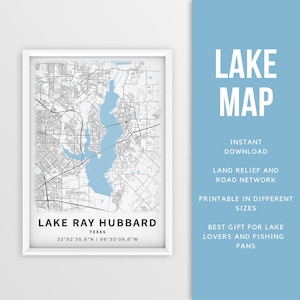 Mapa imprimible del lago Ray Hubbard, Texas, EE. UU. - Descarga instantánea \ Mapa del lago \ Cartel del mapa \ Decoración de la casa del lago \ LakeLife \ Pesca \ Paseos en bote